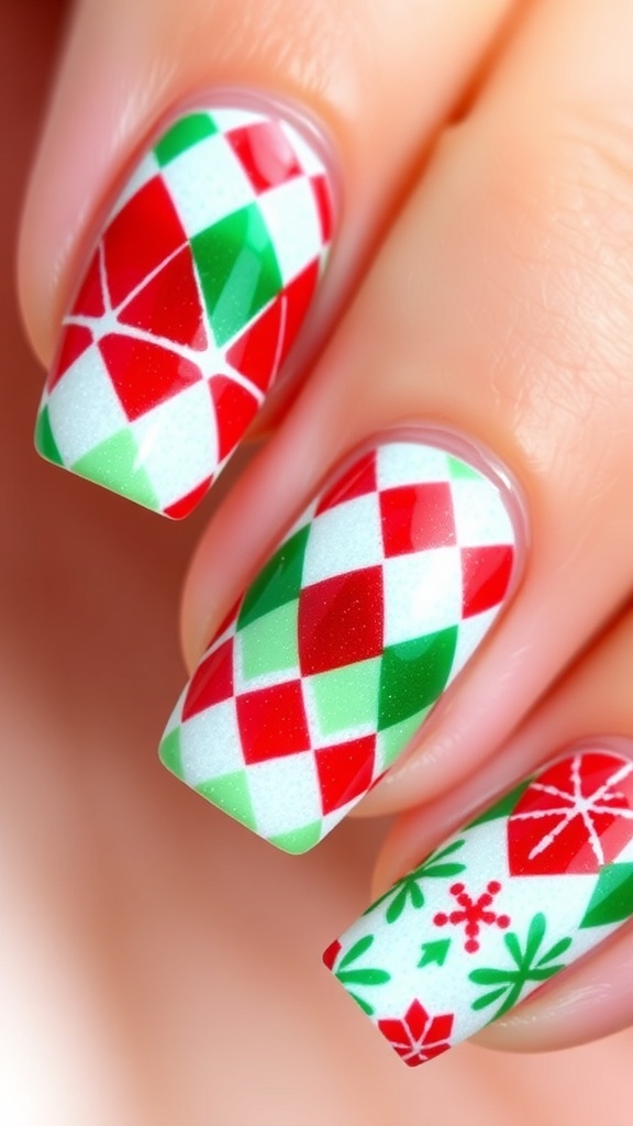 Close-up of winter quadrate Christmas nail art in red, green, and white geometric patterns.